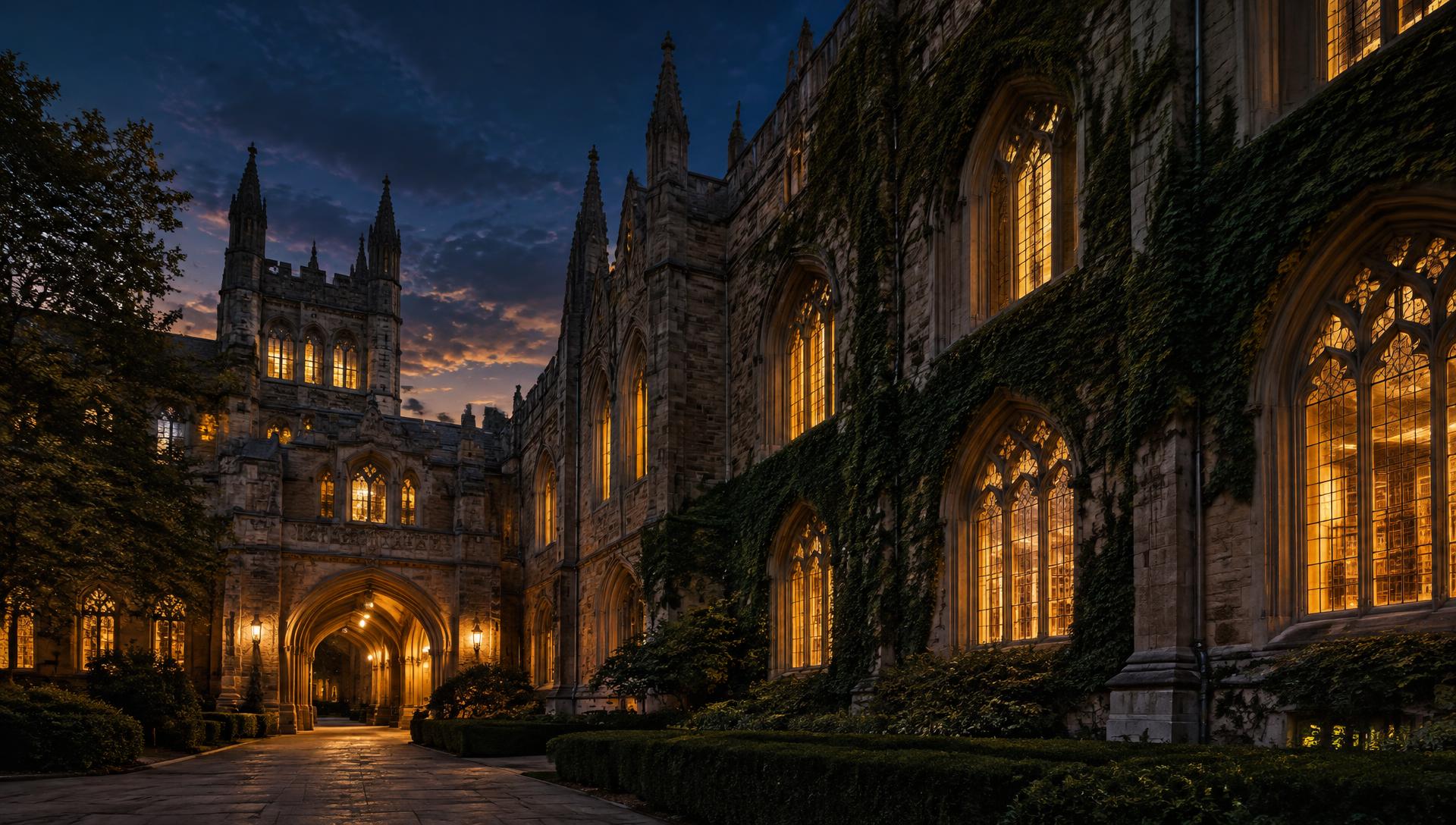Historic university library at dusk